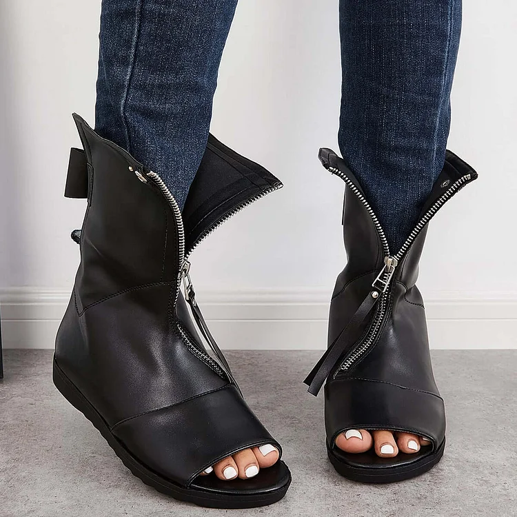 Faux Leather Open Toe Flat Booties Zip Up Ankle Boots