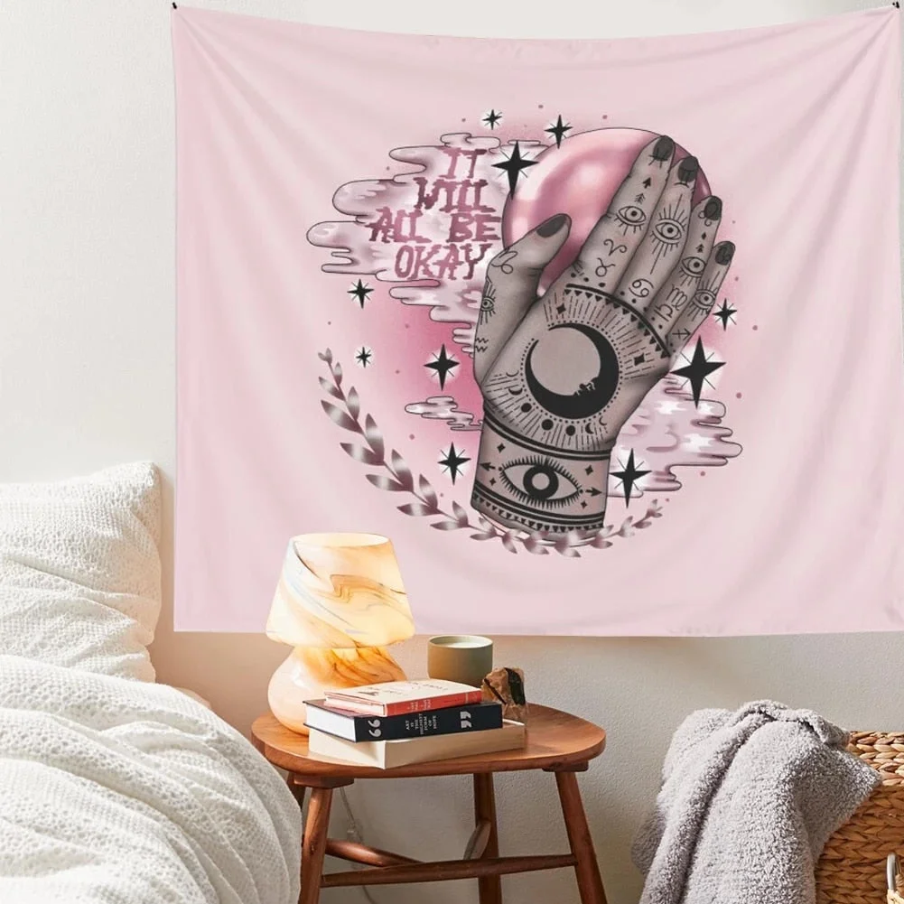 Vintage Tarot Card Pink Tapestry Ouija It Will All Be OK Dorm Room Decoration Pink Boho Home Decor Psychedelic Sun Moon Wall