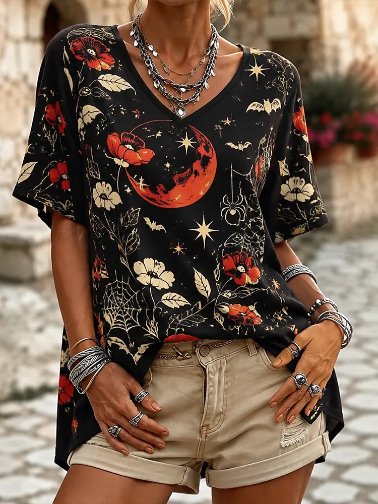 Women's Casual Short Sleeve V-neck T-shirt With Gothic Red Moon, Spiderweb, And Floral Print