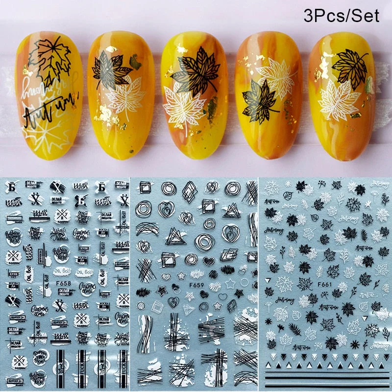 1 Sheet iridescent Nail Sticker Black leave 3D Transfer Beautiful Nail Decals Decoration Summer Popupar DIY Nail Design