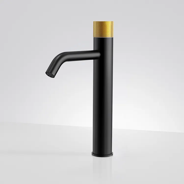 EVERSTEIN 12 in. Knurled Vessel Bathroom Sink Faucet Black & Gold