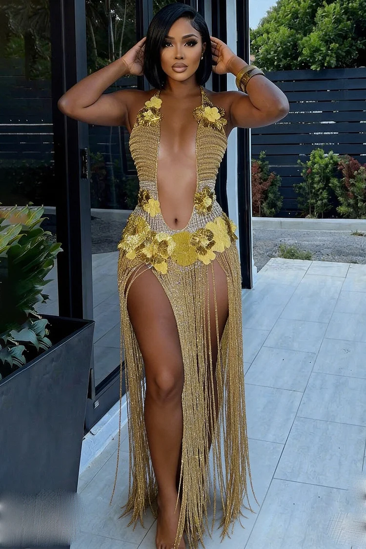 deep cleavage halter dress Halter Deep V Neck 3D Flower Fringe Slim Fit Maxi Dresses-Gold