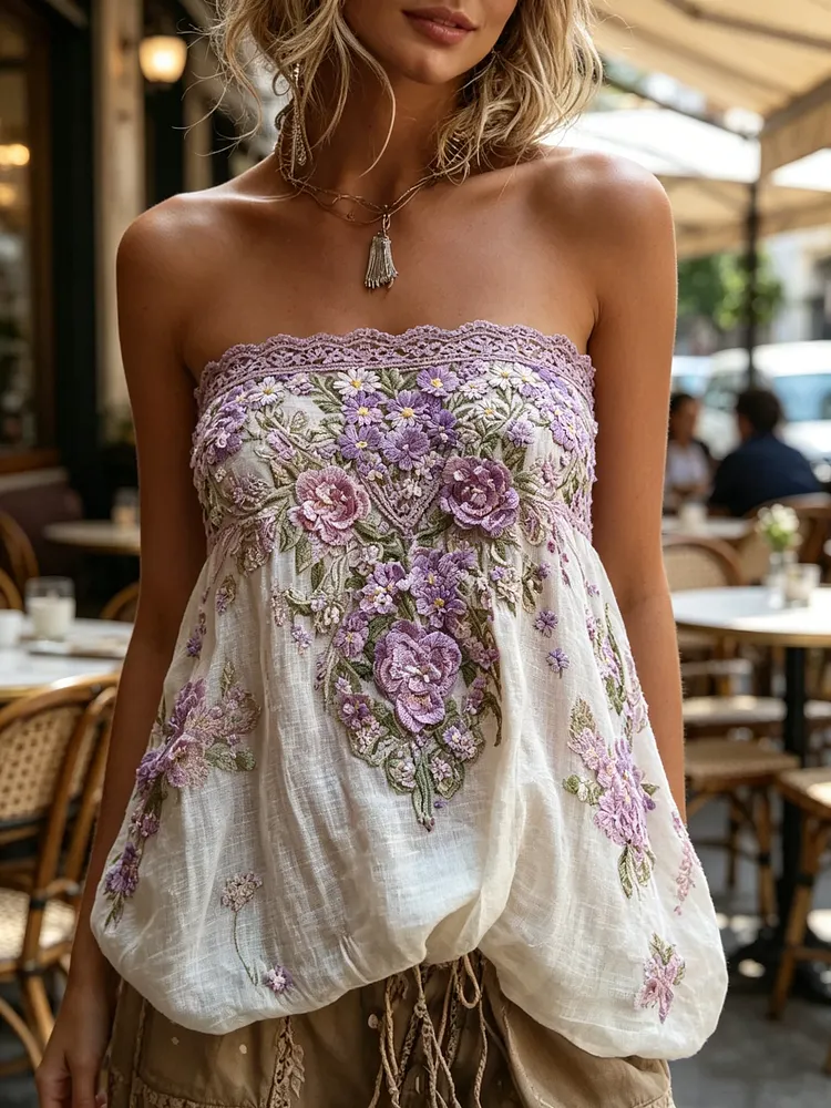 🌸 Women's Purple Floral Embroidered Strapless Boho Top