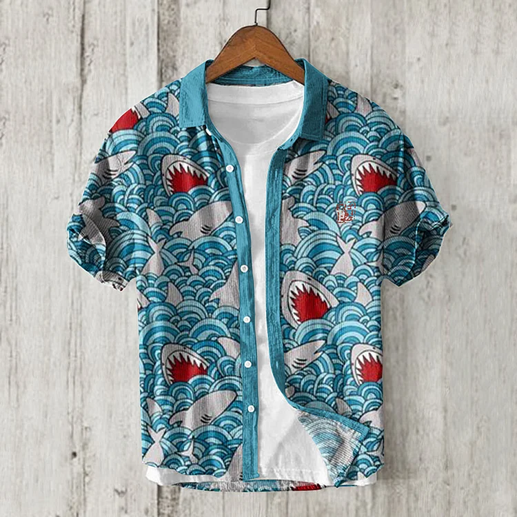 Men's Japanese Art Shark Printed Casual Shirt