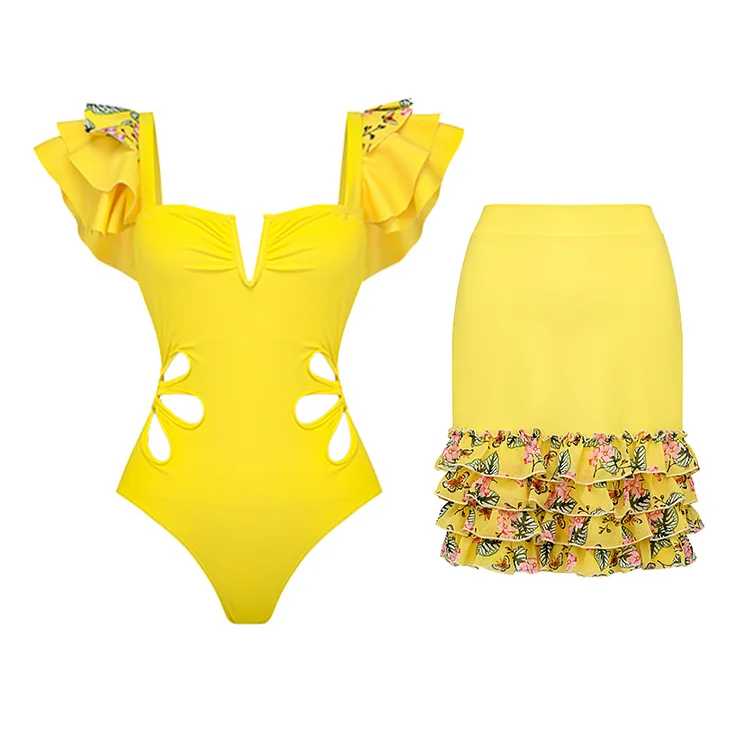 Vioye Ruffle Cut Out One Piece Swimsuit and Skirt