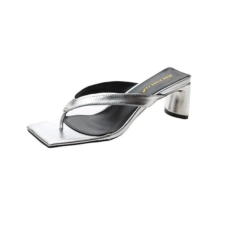 2021Sexy Clip Toe High Heels Slippers Women Silver White Square Toe Party Slides Women Fashion Square Heels Sandals Female