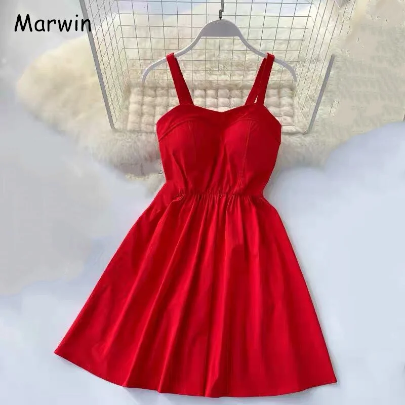 Marwin New-Coming Summer Solid Knee-Length Spaghetti Strap Strapless Dresses High Street Empire Style Party Holiday Dresses