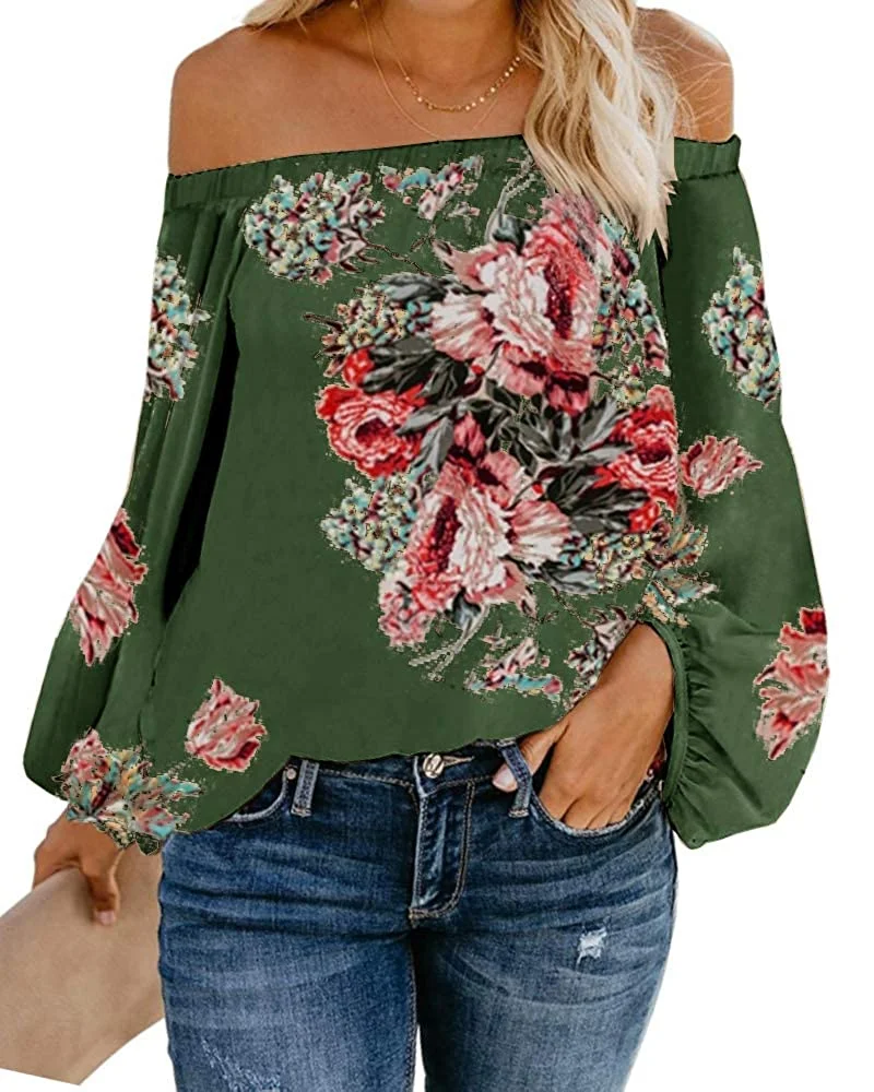 Womens Oversized Floral Blouse Off Shoulder Lantern Sleeves Chiffon Flowy Tops