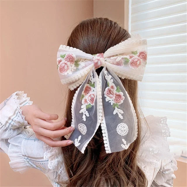 Cute Lace Embroidery Big Bowknot Flowers Hair Clips SP17252