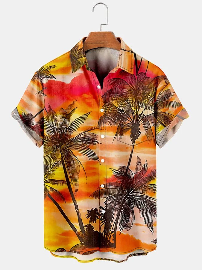 Men's Beach Coconut Print Casual Loose Hawaiian Short Sleeve Shirt