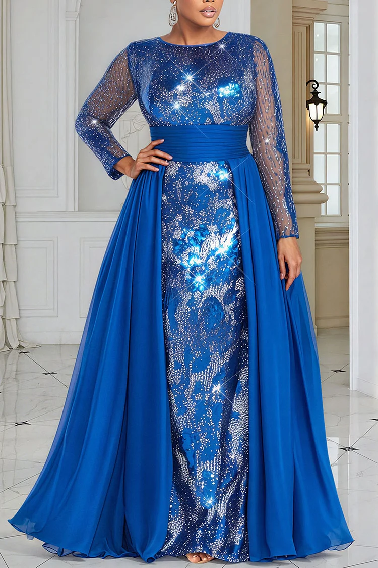 Xpluswear Design Plus Size Formal Royal Blue Round Neck Long Sleeve With Skirt Overlay Elegant Sequin Satin Maxi Dresses [Pre-Order]