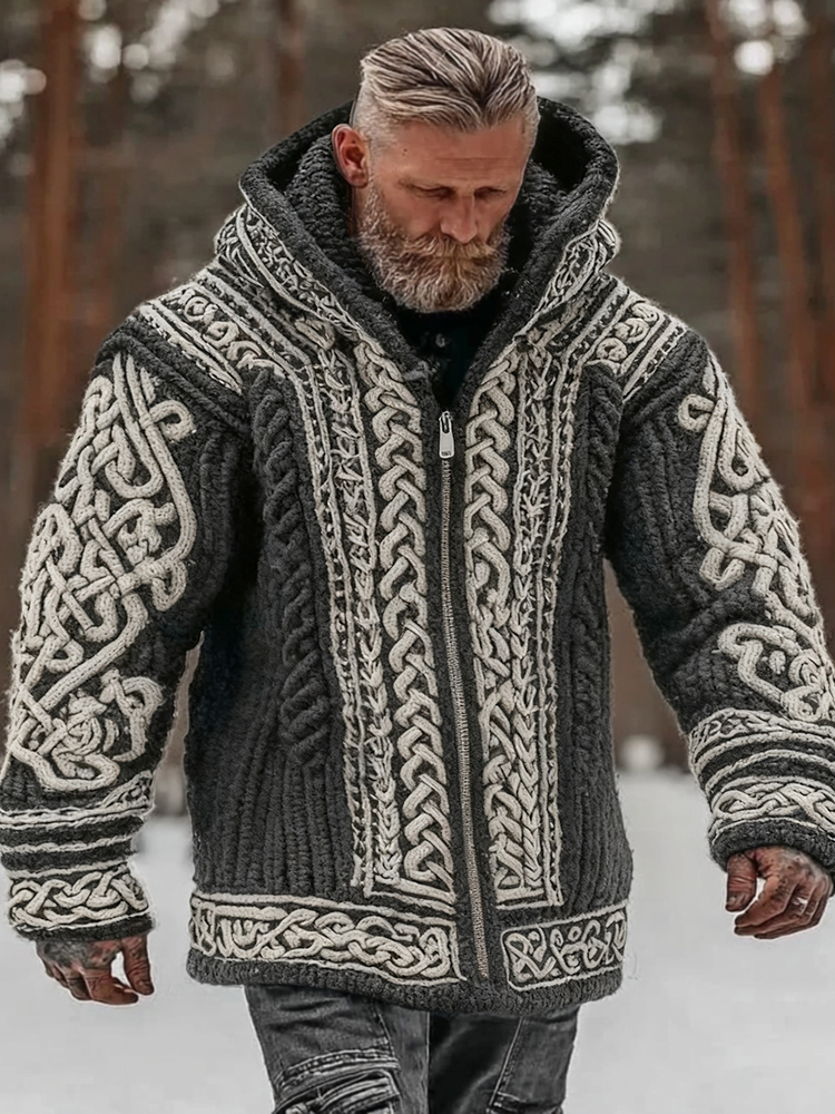 Men's Vintage Viking Celtic Knot Art Chunky Knit Hooded Zip-up Sweater  artssus