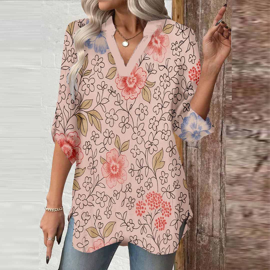 Women Floral,Red,Pink DZGA0252 3/4 Sleeve V-neck Printed Graphic Button Tops