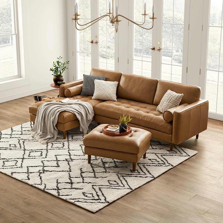 Madison Leather Chaise Sectional Sofa with Ottoman