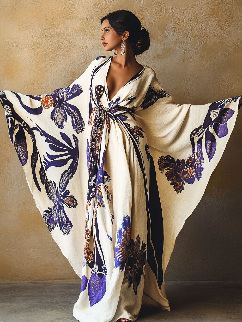 Women's Purple Peony Kimono Linen Robe (Including Belt)