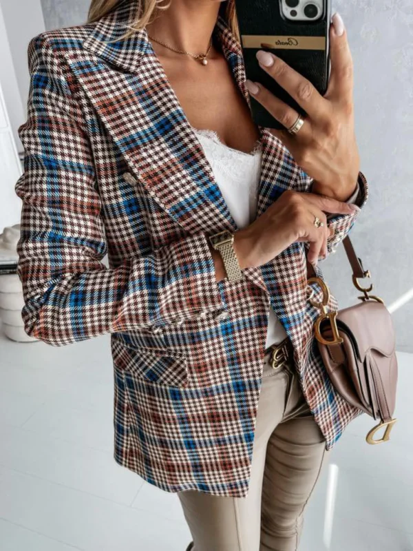 Fashion Lapel Double Breasted Plaid Blazer Flusfy