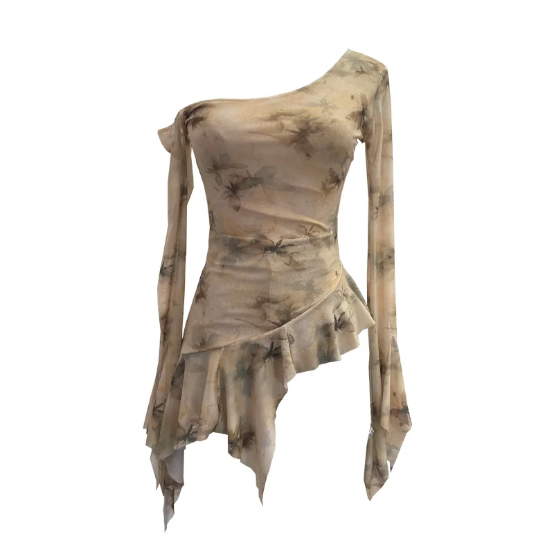 Nigikala Nigikala Tie-Dye-Print Oblique Shoulder Dress Repair Irregular Lotus Horn Long-Sleeved Mesh T-Shirt 9955