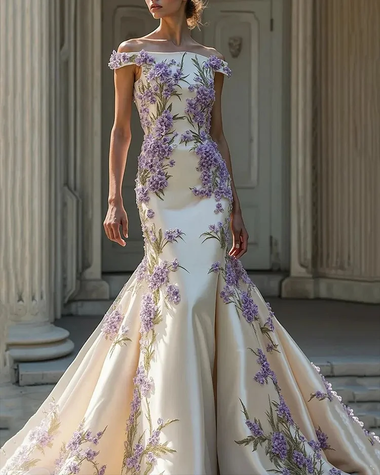 Women's Off-the-shoulder Lavender Embroidered Dress
