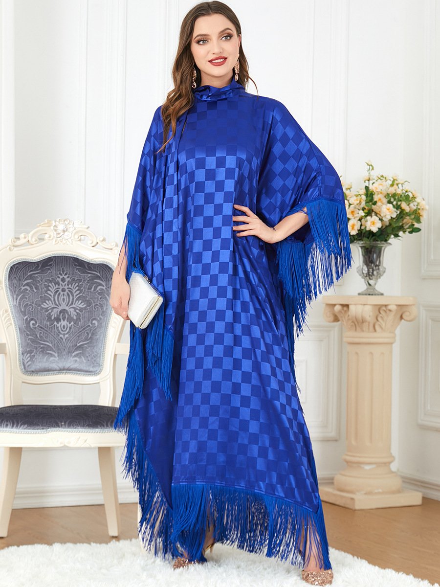Tassels Design Plaid Print High Neck Long Sleeve Solid Color Dress | Oxredo Shop Ramadan Sale