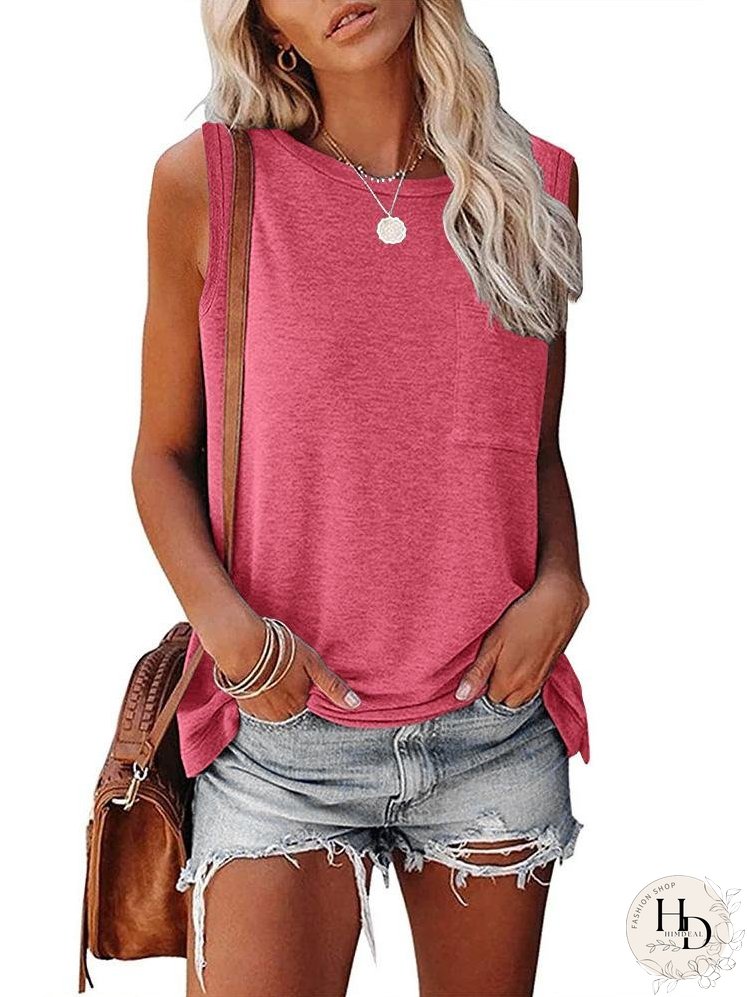 Crew Neck Sleeveless T-Shirt With Side Slits