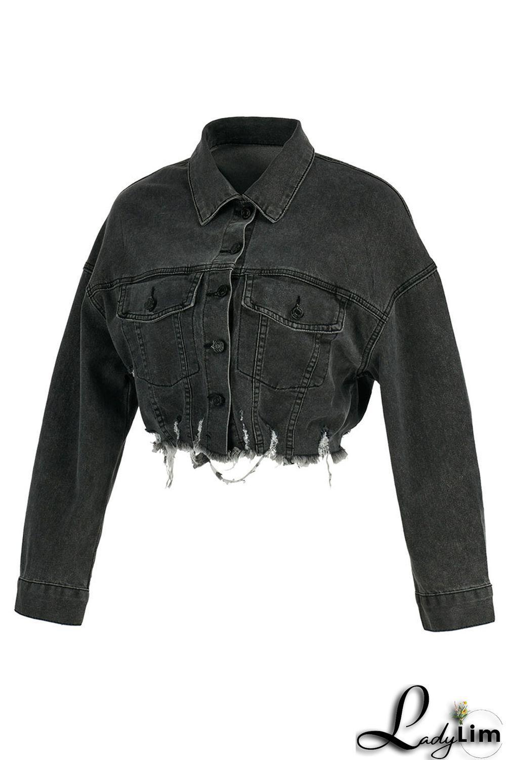 Black Yellow Street Print Make Old Patchwork Buckle Turndown Collar Long Sleeve Straight Denim Jacket