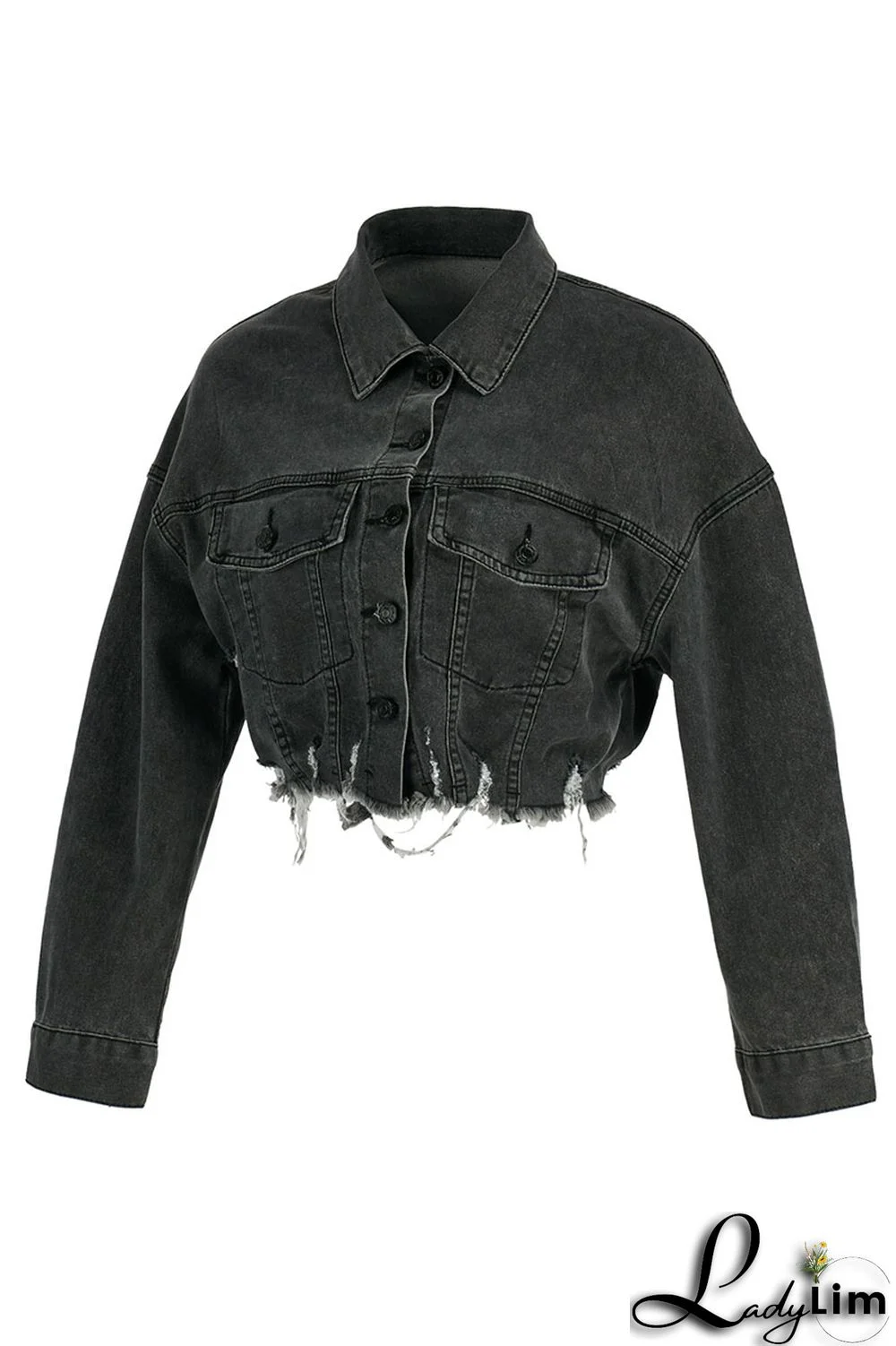 Black Yellow Street Print Make Old Patchwork Buckle Turndown Collar Long Sleeve Straight Denim Jacket