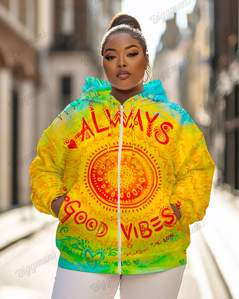 Women's Plus Vintage Tie Dye Always Good Vibes Print Long-sleeved Zipper Hoodie