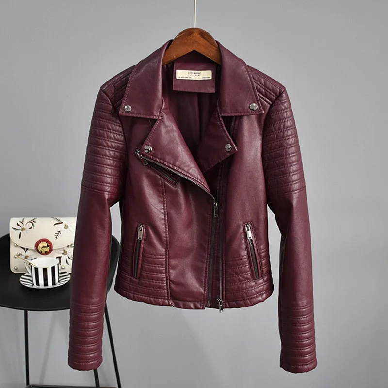FTLZZ Autumn Faux Leather Jacket Women Turndown Collar Pu Motorcycle Black Punk Coat Female Rivet Zipper Outerwear