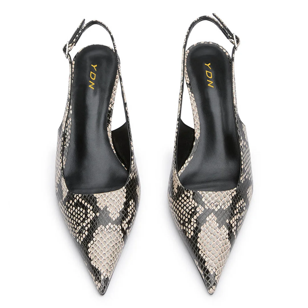 YDN Pointed Toe Python Print Kitten Heel Buckle Strap Slingback Pumps