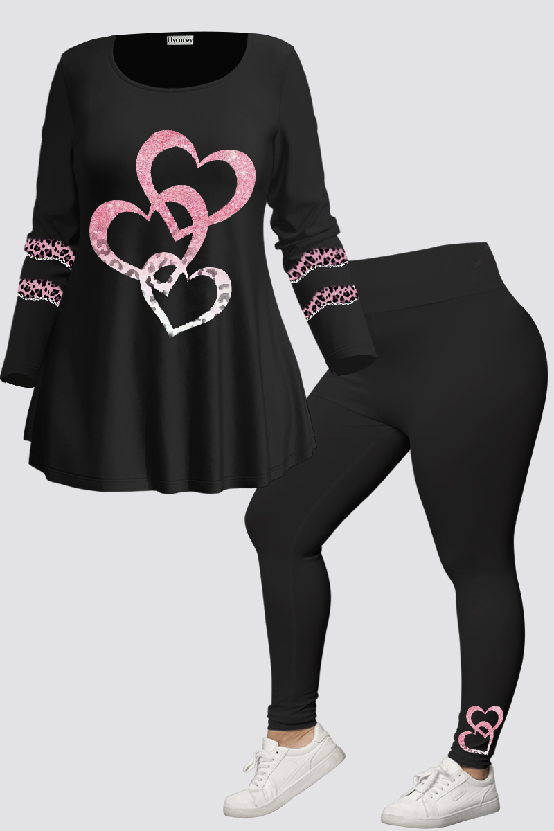 Flycurvy Plus Size Valentine'S Day Black Leopard Love Print Two Piece Pant Set