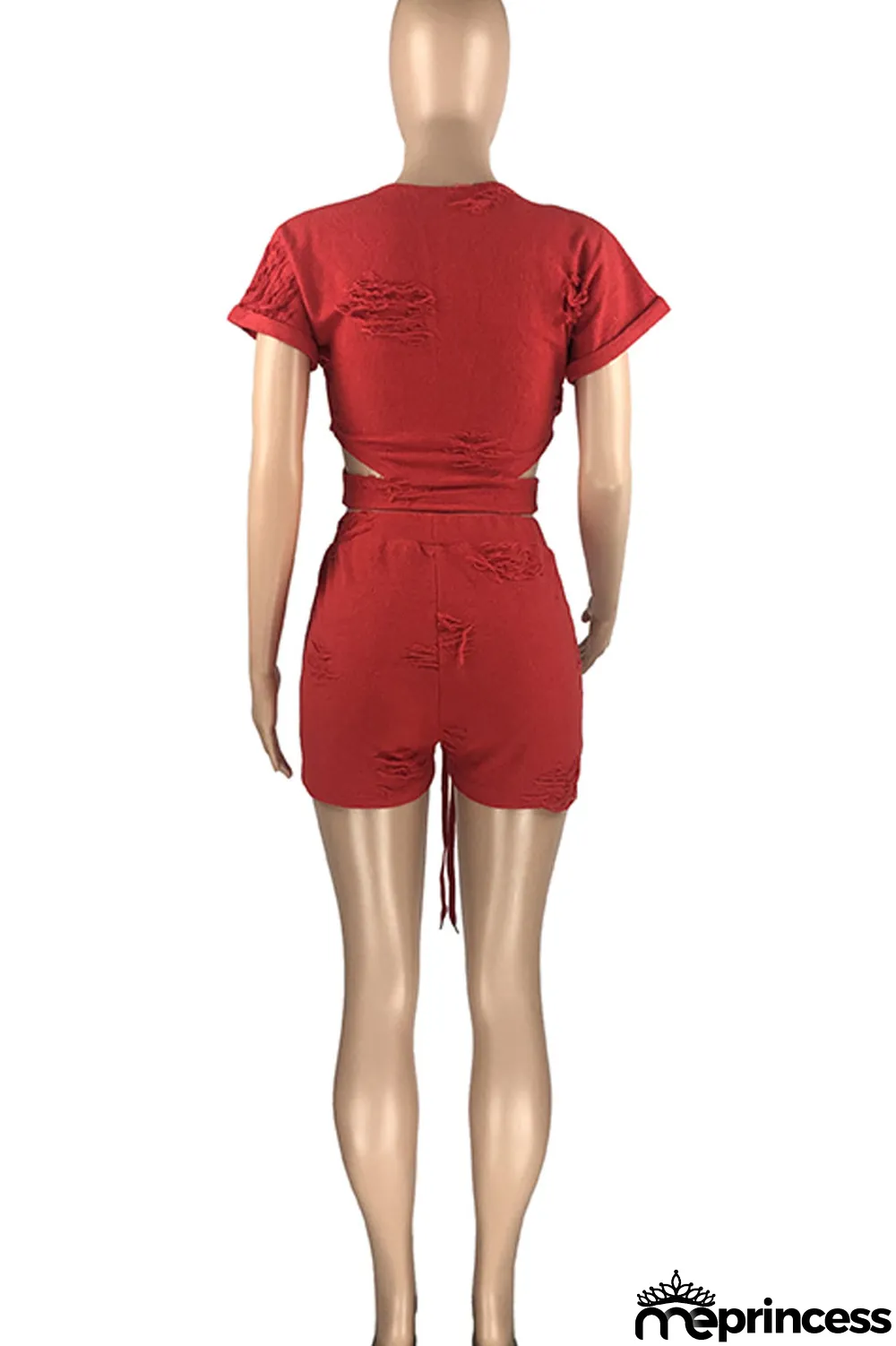 Grey Casual Solid Ripped Hollowed Out Split Joint V Neck Short Sleeve Two Pieces