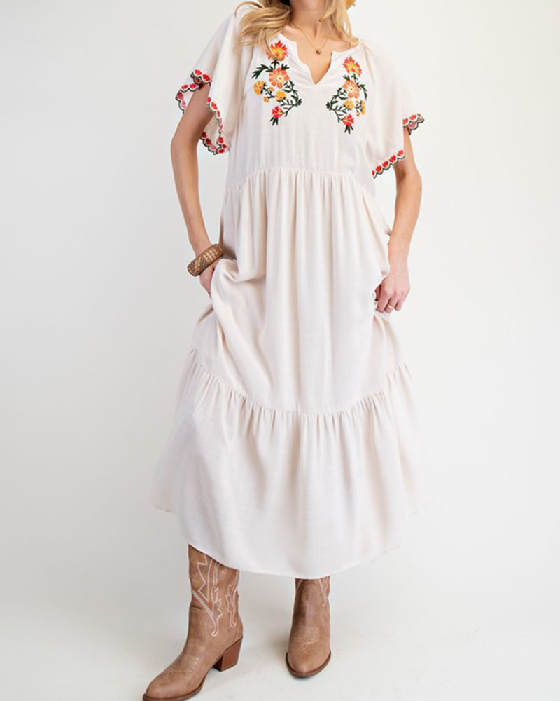 Floral Embroidery V Neck Short Sleeve Maxi Dress