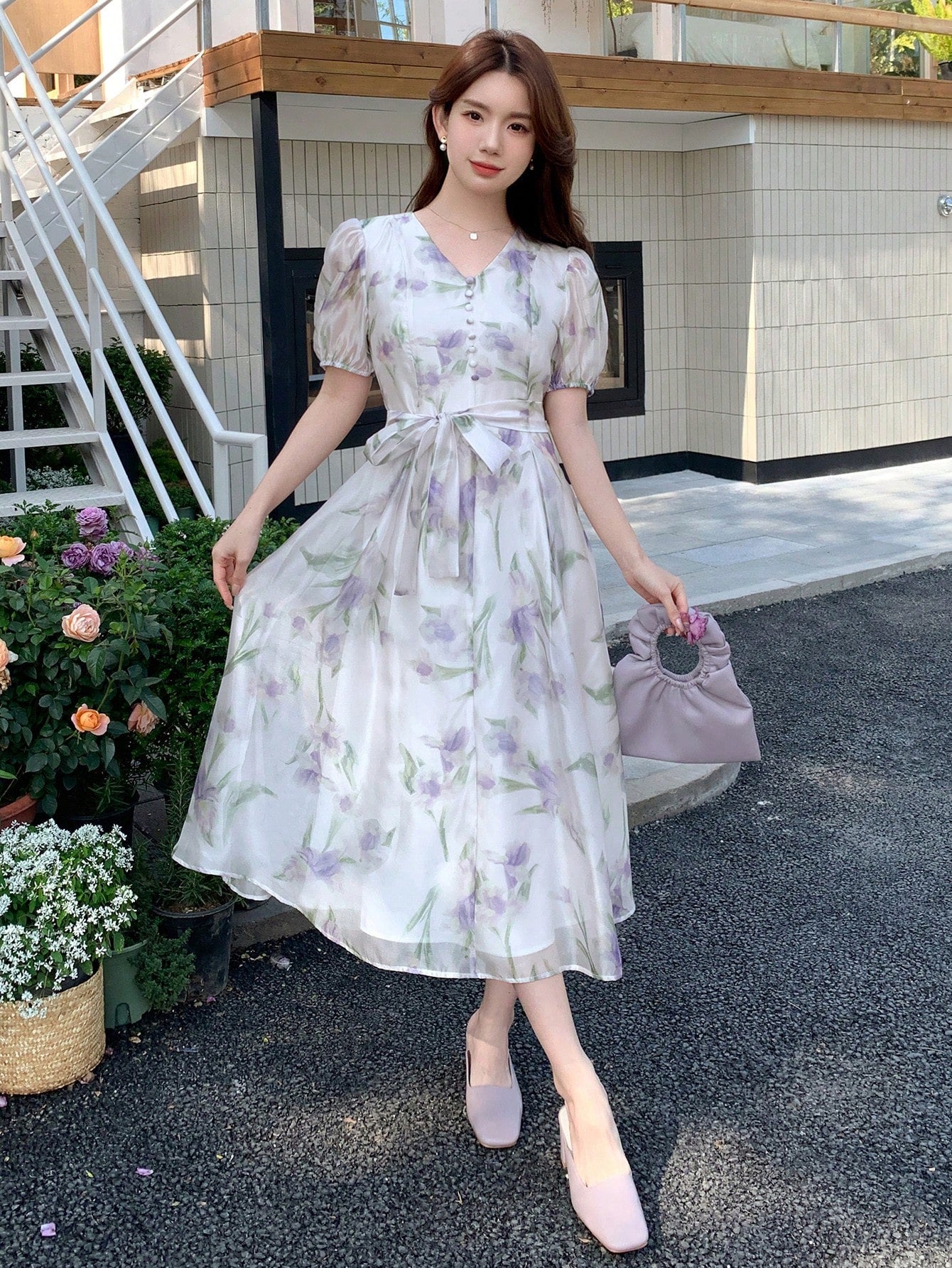 OLCooL Women's Short Puff Sleeve Floral Print Dress olcool