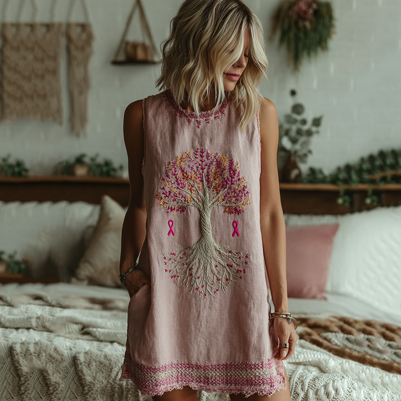 Women's Tree Of Life Pink Ribbon Embroidery Round Neck Tank Mini Dress