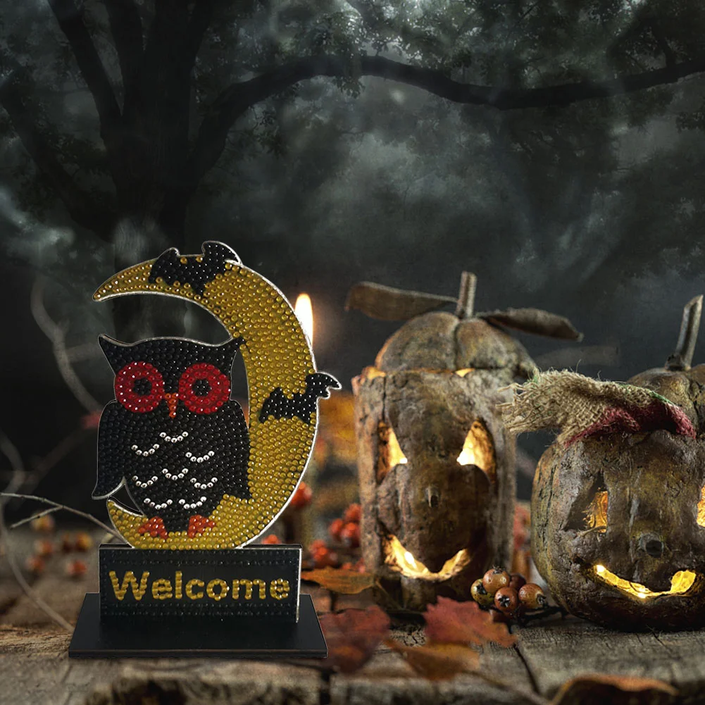 Halloween Wooden Spot Diamond Decoration Moon Owl (Single-sided Crystal Diamond)