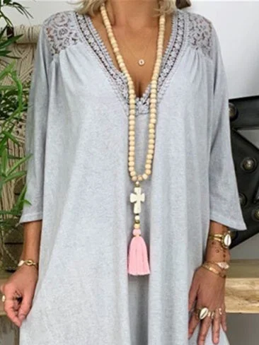 Women's 3/4 Sleeve V-neck Lace Solid Color Maxi Dress