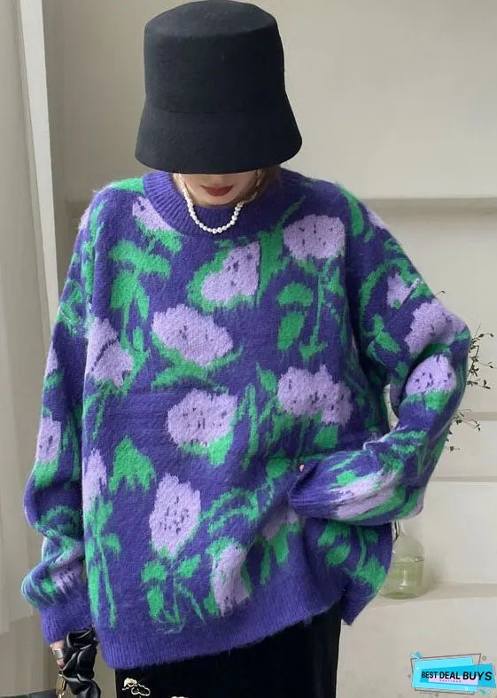 Vintage Purple Floral Knit Sweaters Winter