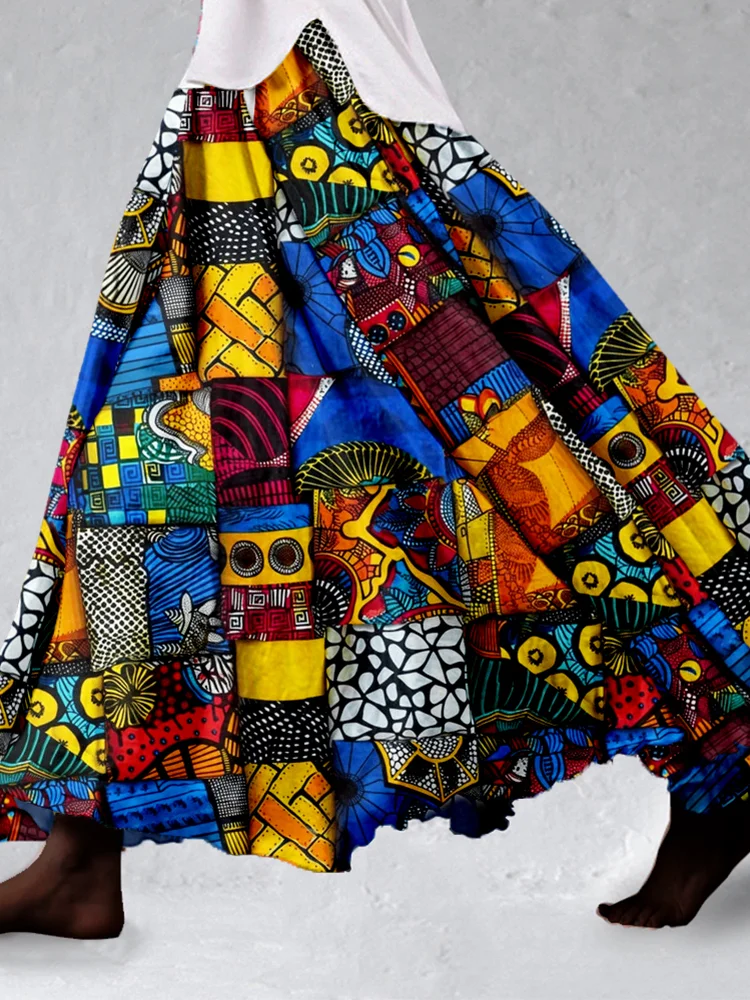 African Patchwork Pattern Flowy Linen Blend Wide Skirt