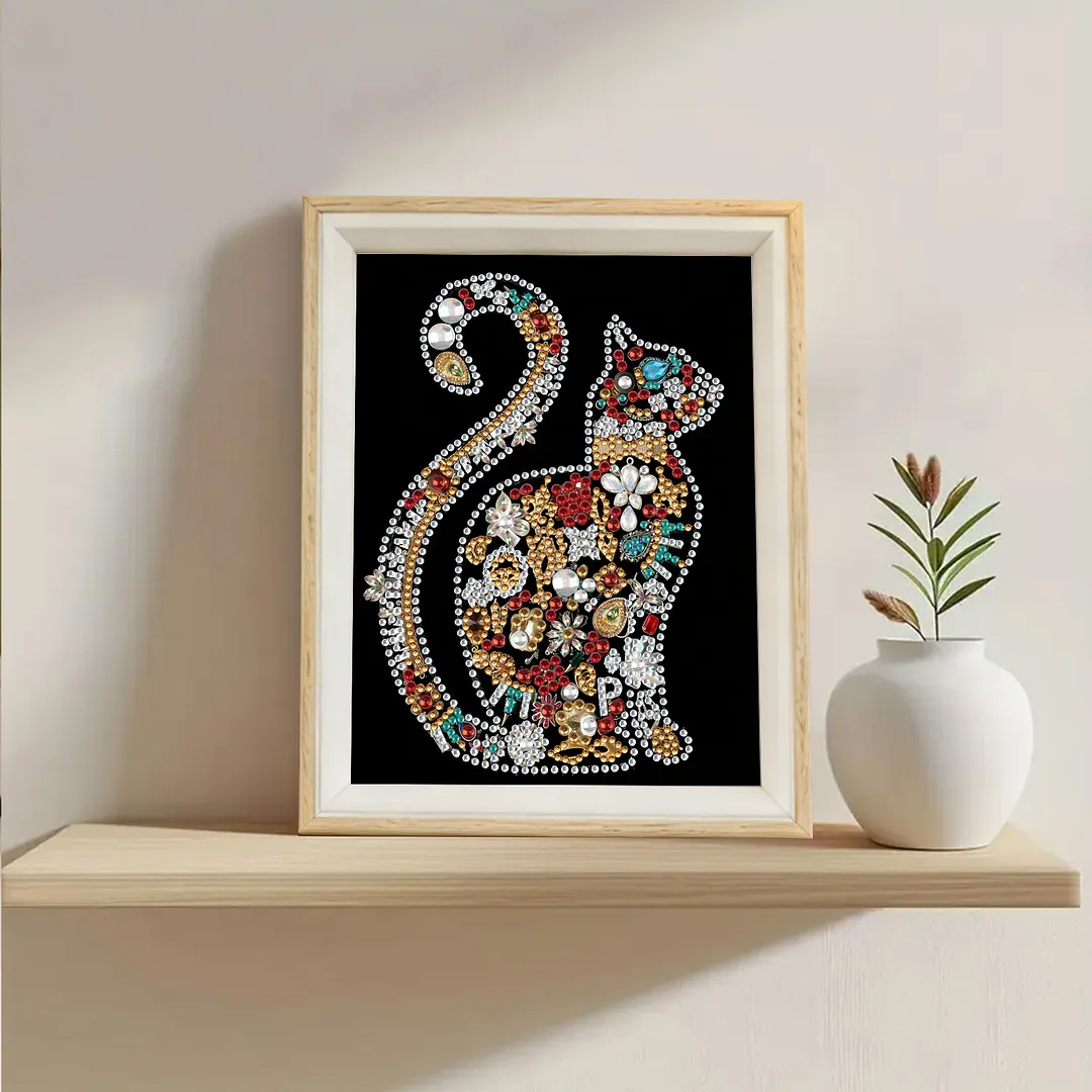 Jewelry Cat Silhouette Special Shaped 5D DIY Partial Drill Diamonds Dots Gem Art Kits with Wooden Frame Diamonds Paintings Gem Art 17x22cm for Adults Beginners Home Decor