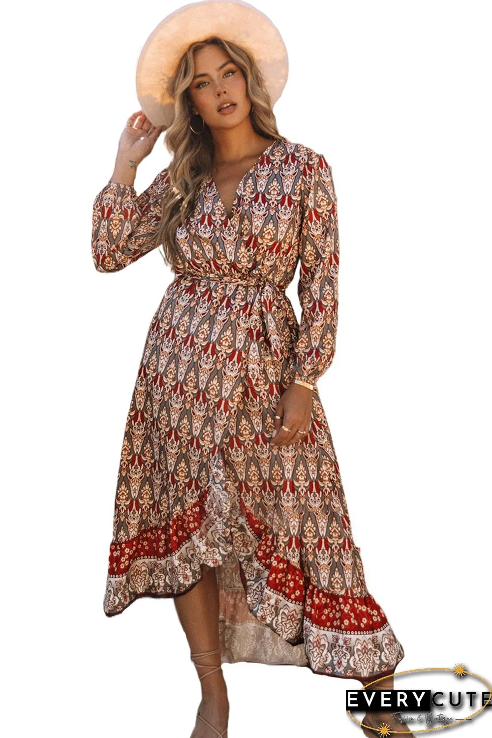 Multicolor Boho Floral Print Ruffle Trim Wrap Belted Dress