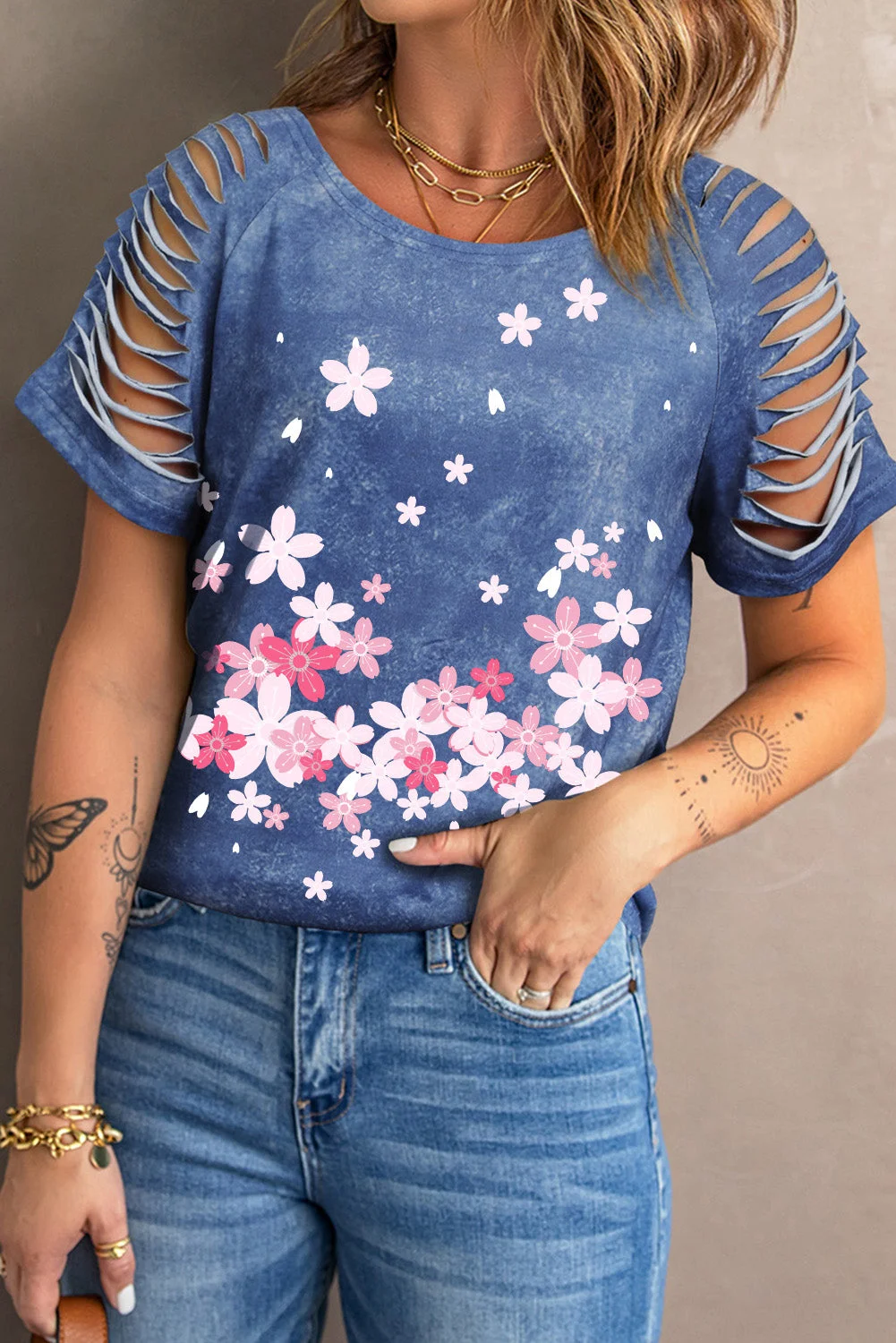 Cherry Blossom Cut Out Short Sleeve Tee