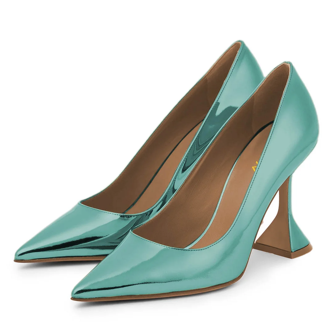 Turquoise Metallic Finish Pointed Toe Flared Heel Pumps for Women