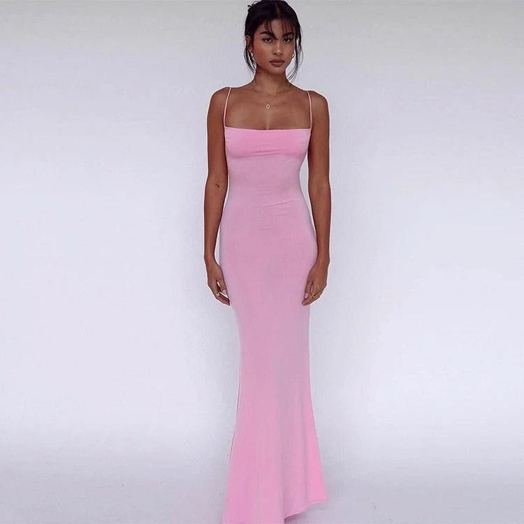 Solid Color Backless Spaghetti Strap Dress