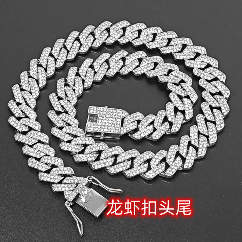 Hip-hop 14mm Full Diamond Men’s Encrypted Diamond Cuban Chain Necklace Hipster Exaggerated Domineering Clavicle Chain Accessories