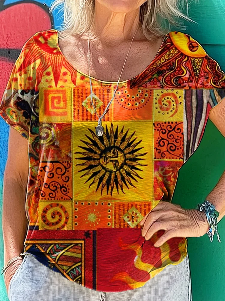 Hippie Sunflower Art Print 100%Cotton Crew Tee T-Shirt