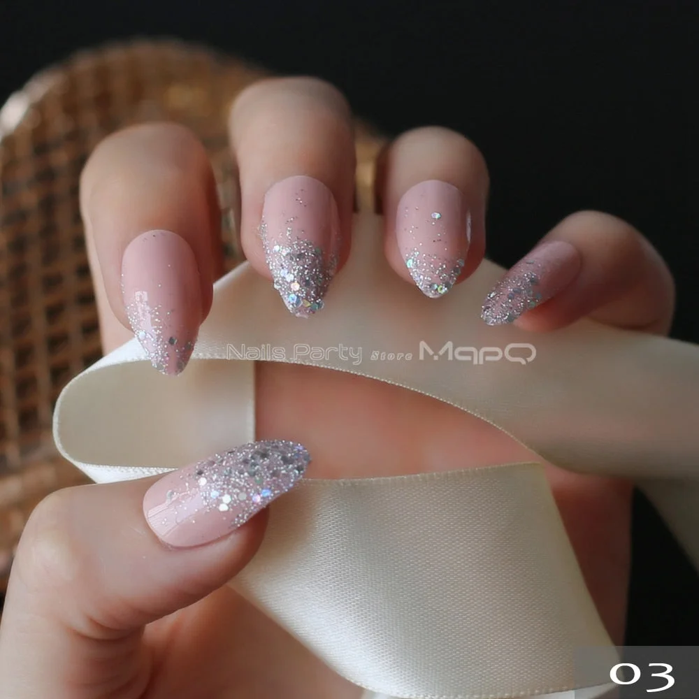 Burgundy Ombre French glitter Stiletto UV Gel nude Fake Nails Black Shimmer Finger blue false nail point tip pink Handmade-Nail Inspo