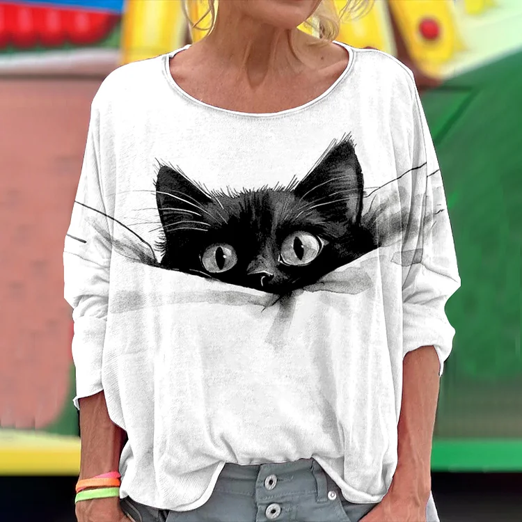 Cute Sleeping Cat Art Print Crew Neck T-shirt