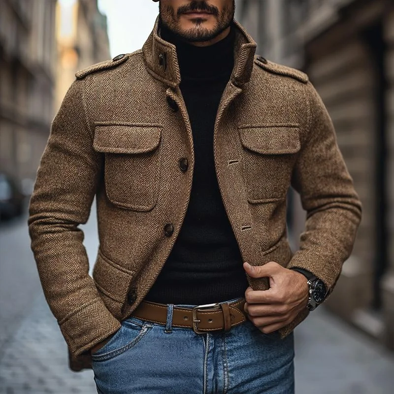 Men's Vintage Stand Collar Multi-Pocket Slim Fit Coat