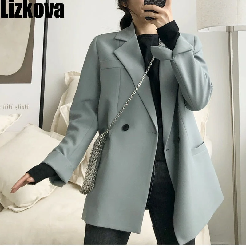 Lizkova Autumn Blazer Women 2021 Black Double Breasted Jacket Korean Pockets Long Sleeve Loose Suit Coat