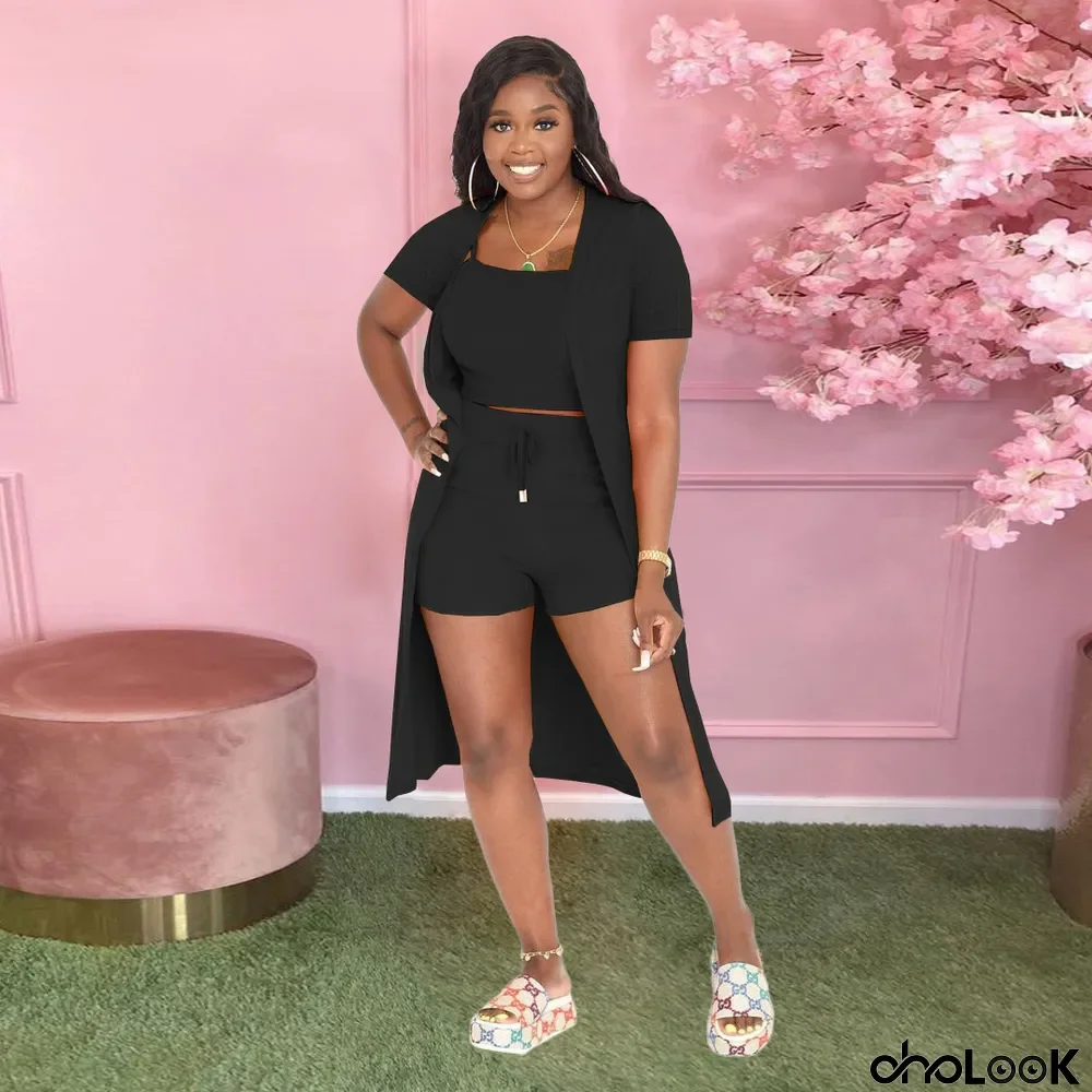 Plus Size Casual Solid Color Short Sleeve Three Piece Set